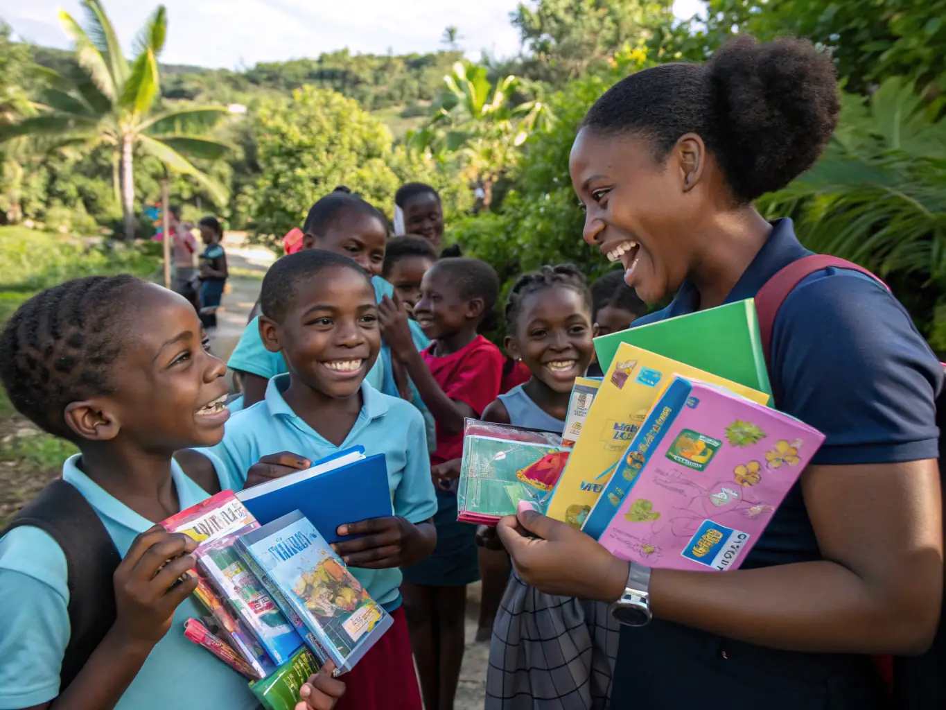 A heartwarming image of volunteers distributing school supplies and aid to children in a rural Moroccan village, highlighting the organization's commitment to supporting education and well-being.