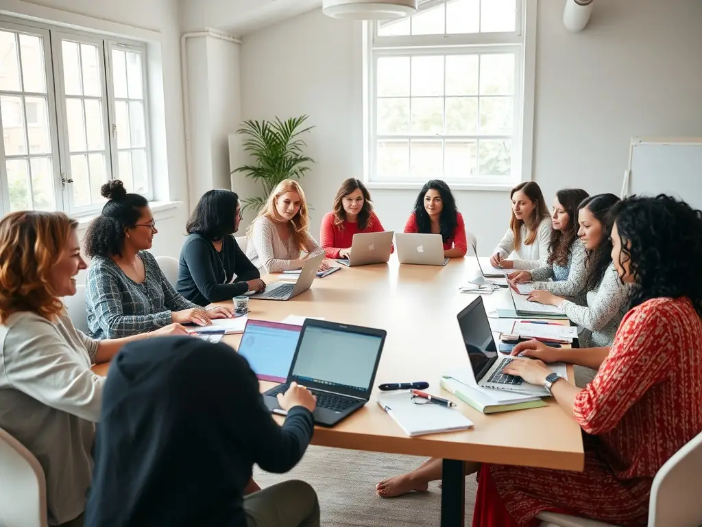 A group of women participating in a workshop focused on leadership and empowerment, fostering their personal and professional growth.