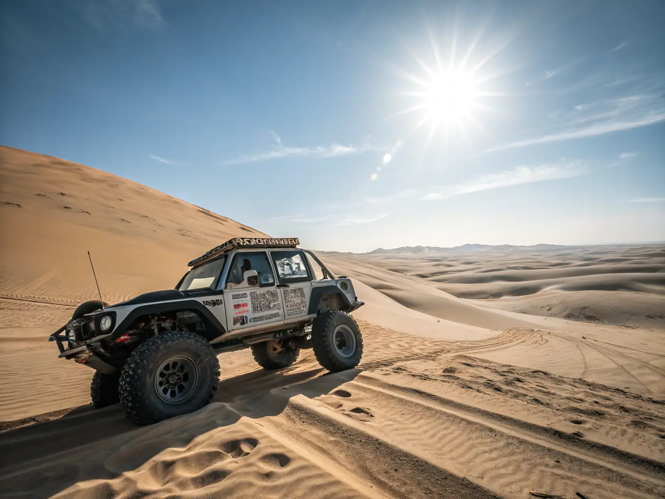 A dynamic image of the Trophée Roses des Sables rally, featuring women navigating the desert terrain in 4x4 vehicles, with a backdrop of sand dunes and clear blue skies, symbolizing adventure and empowerment.