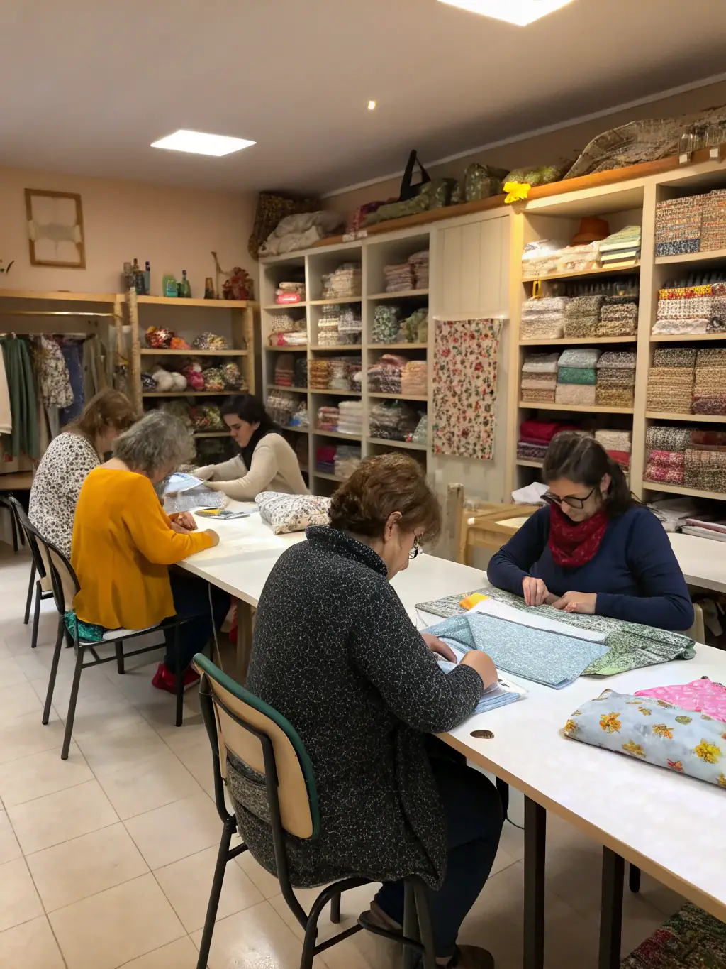 A workshop where local women are learning new skills, such as crafting or sewing, promoting economic independence and community development.