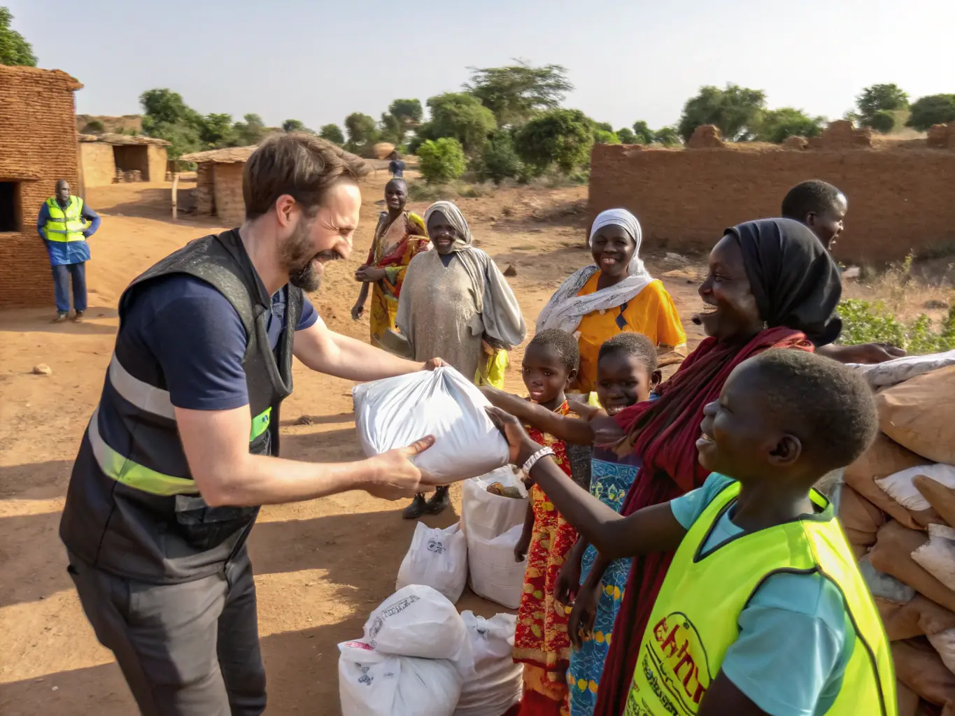 A heartwarming image of volunteers distributing school supplies and hygiene kits to children in a rural Moroccan village, showcasing the direct impact of the organization's humanitarian efforts.