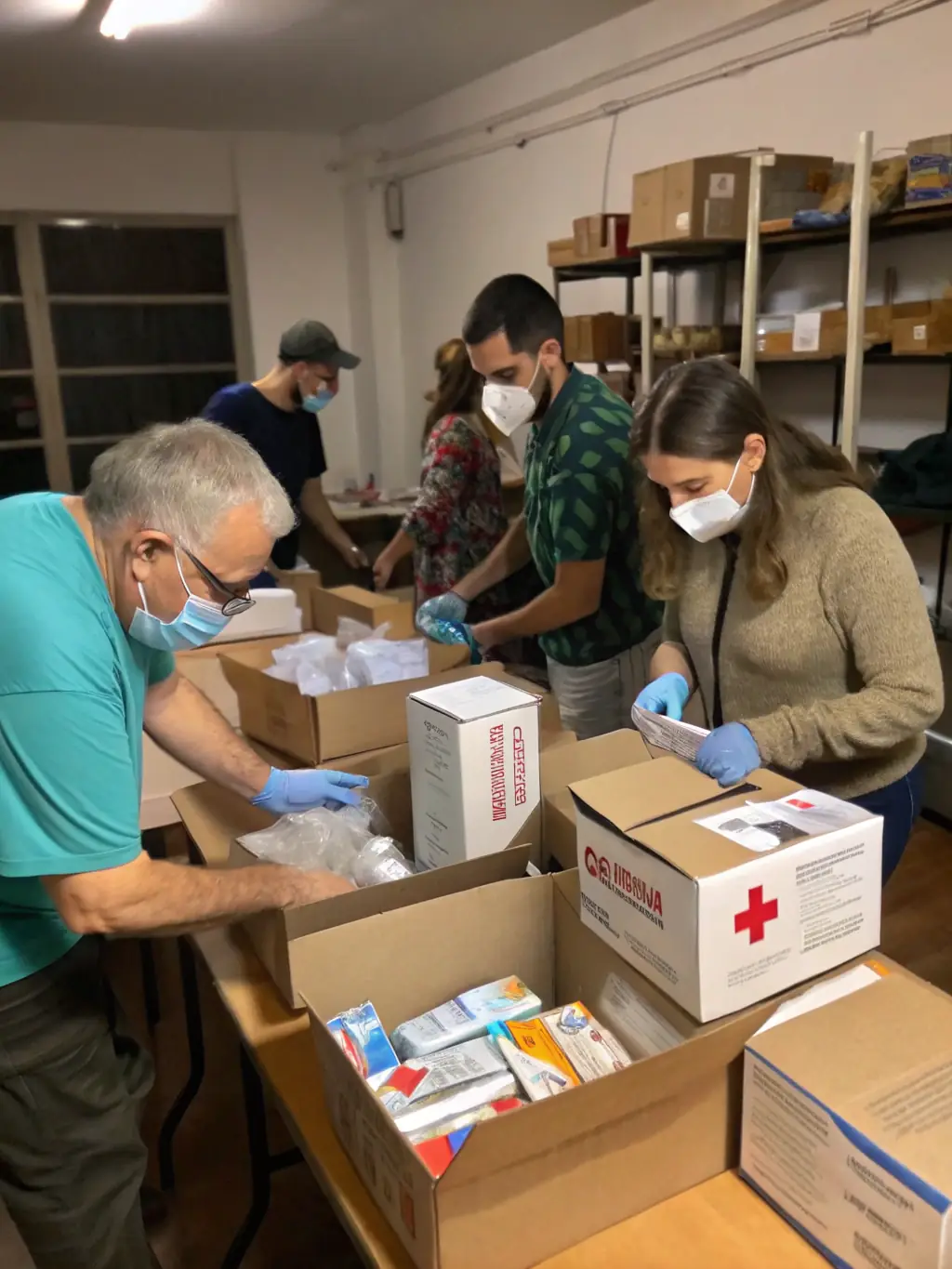 A volunteer team packing boxes of essential supplies and aid for distribution, demonstrating the organization's logistical efforts.