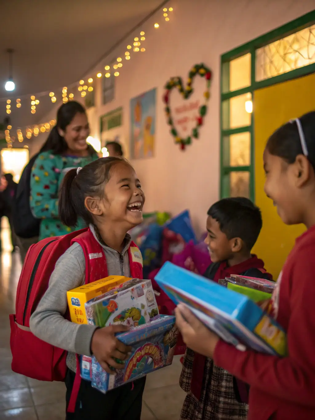 A group of women in pink shirts handing out school supplies to children in a Moroccan village, showcasing the organization's commitment to education.